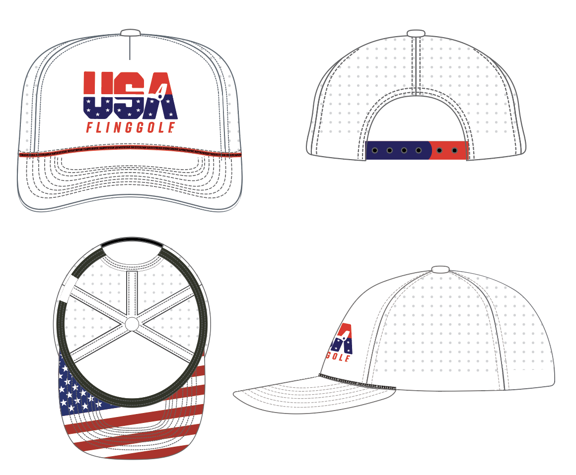 Team USA FlingGolf white snapback — front, back, underbrim, and side views
